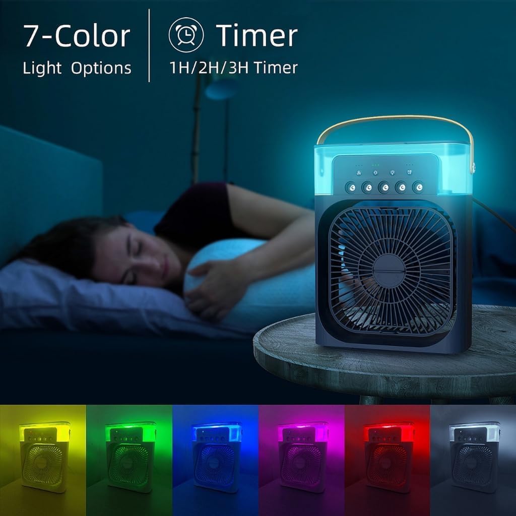 Portable Air Cooler – 3-in-1 Evaporative Mini Air Conditioner with 3 Speeds, USB Powered Personal Space Cooler, LED Night Light for Bedroom, Office, Kitchen & Camping