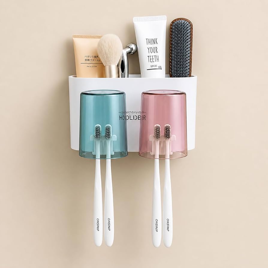 Wall Mounted Toothbrush Holder | Bathroom Toothbrush Organizer with Mouthwash Cups | Multi-Compartment, Dustproof & BPA-Free Brush Holder for Bathroom Storage -2 Cup