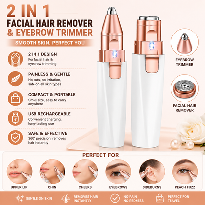 2-in-1 Rechargeable Facial Hair Remover & Eyebrow Trimmer for Women – Precision Grooming Device with Interchangeable Heads