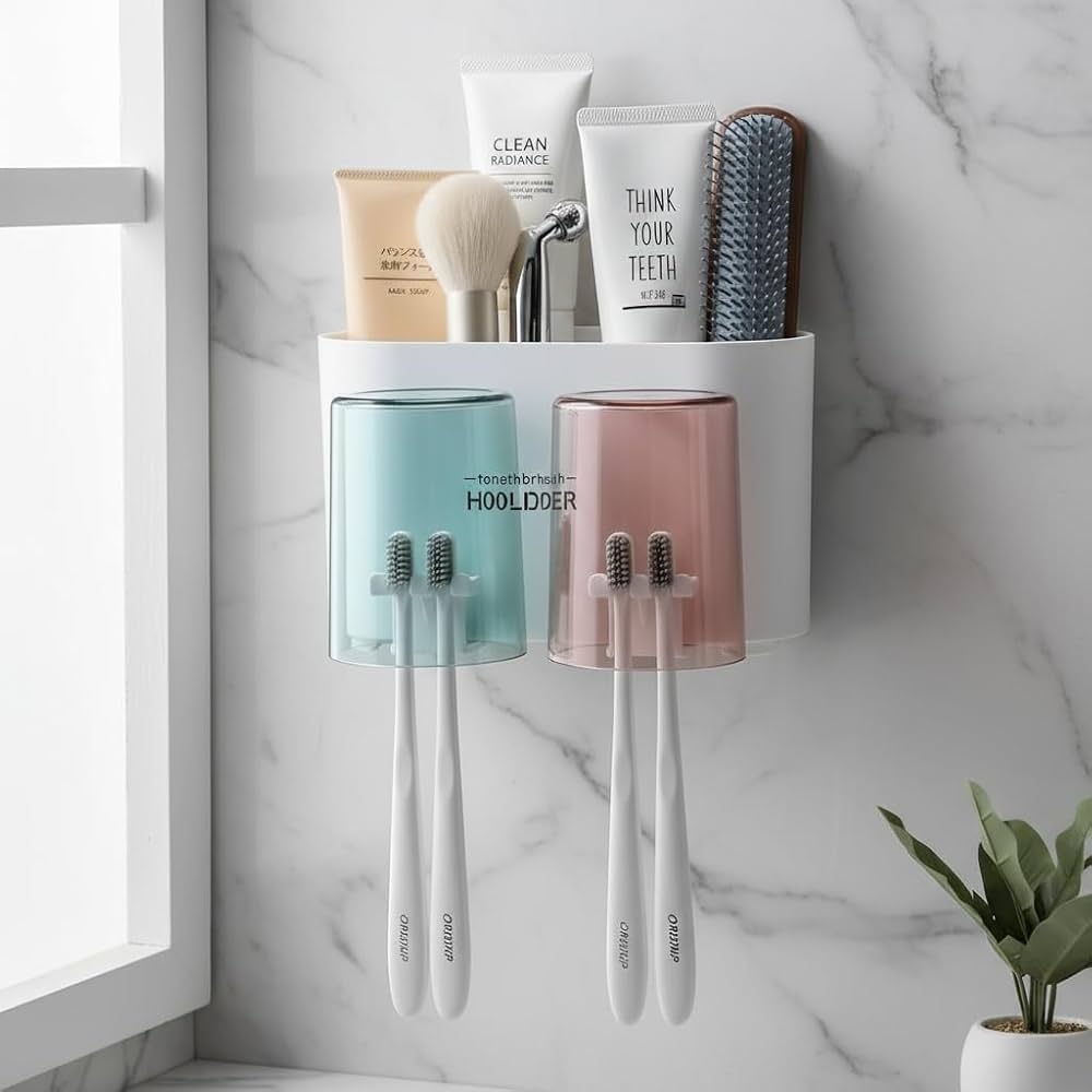 Wall Mounted Toothbrush Holder | Bathroom Toothbrush Organizer with Mouthwash Cups | Multi-Compartment, Dustproof & BPA-Free Brush Holder for Bathroom Storage -2 Cup