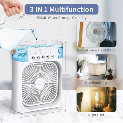 Portable Air Cooler – 3-in-1 Evaporative Mini Air Conditioner with 3 Speeds, USB Powered Personal Space Cooler, LED Night Light for Bedroom, Office, Kitchen & Camping