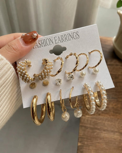 Gold-Tone Pearl & Hoop Earrings Set – 9-Pair Elegant Jewelry Collection