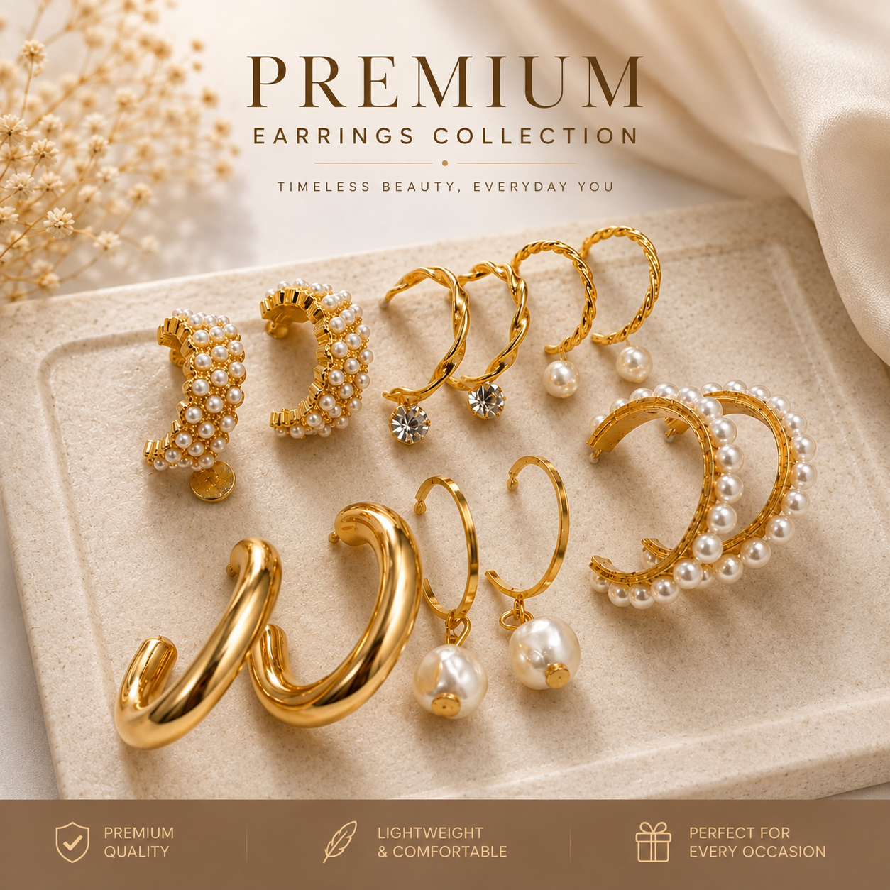 Gold-Tone Pearl & Hoop Earrings Set – 9-Pair Elegant Jewelry Collection