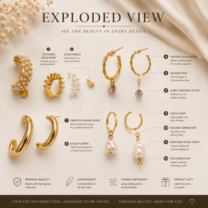 Gold-Tone Pearl & Hoop Earrings Set – 9-Pair Elegant Jewelry Collection