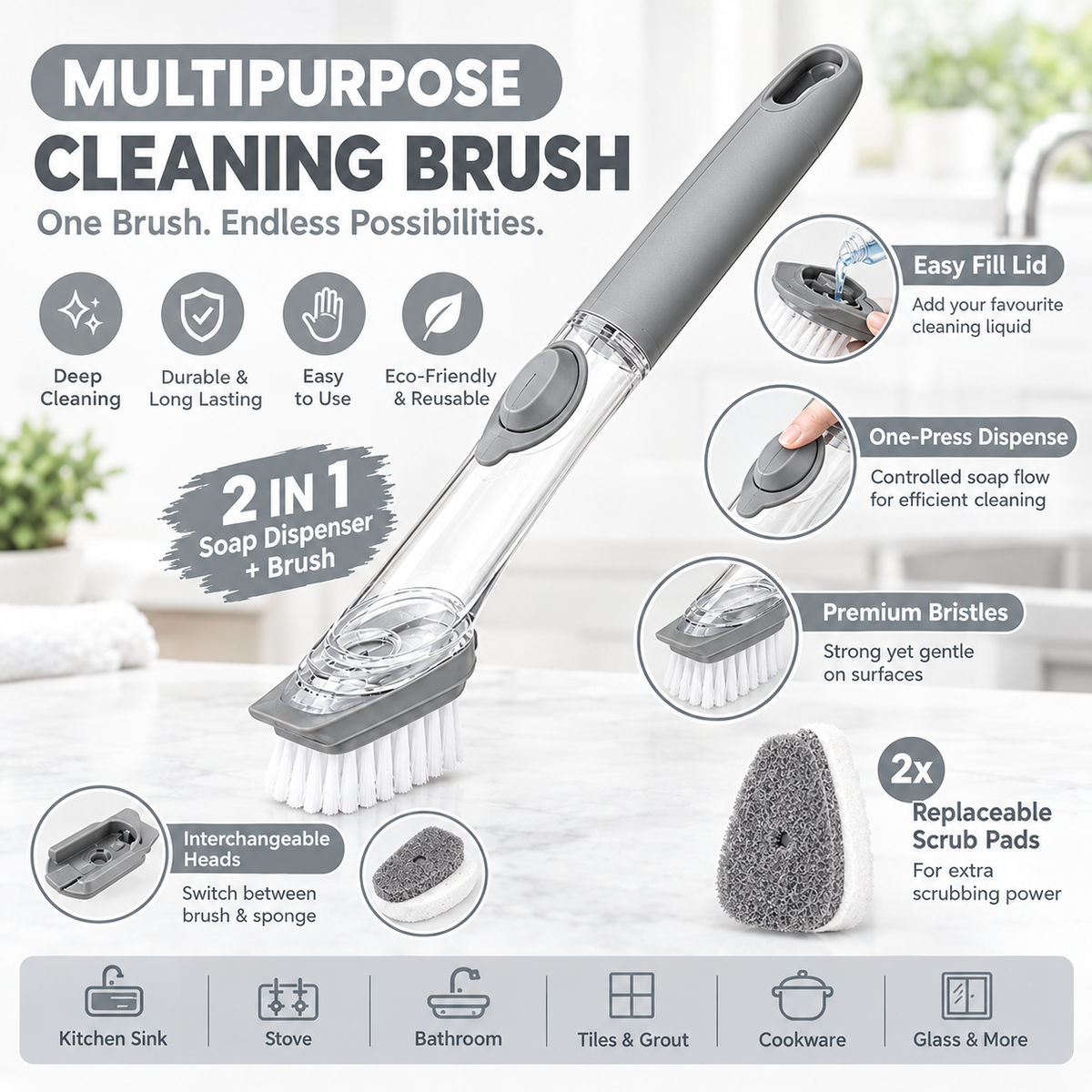 Decontamination Dish Utensil Cleaning Brush Liquid Dispenser Handle for Kitchen Long Handle with Liquid Soap Dispenser (Pack of 1)