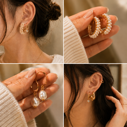 Gold-Tone Pearl & Hoop Earrings Set – 9-Pair Elegant Jewelry Collection