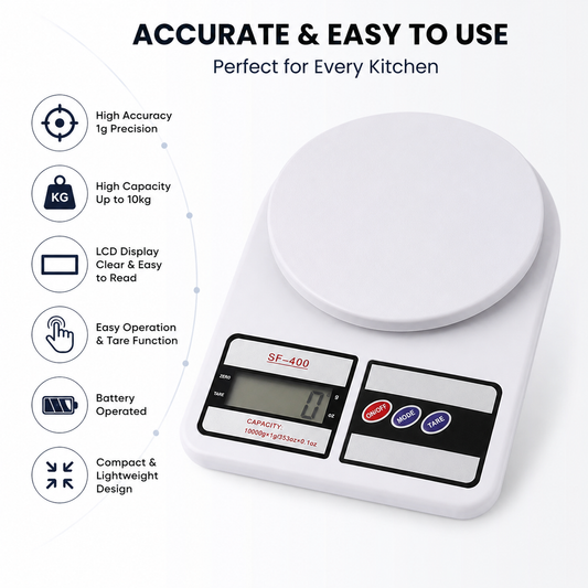 Digital Kitchen Weighing Machine Multipurpose Electronic Weight Scale with Backlit LCD Display for Measuring Food, Cake, Vegetable, Fruit (10Kg, White)