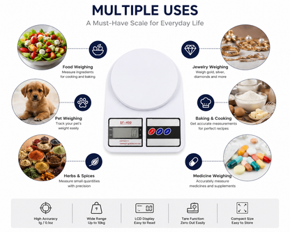 Digital Kitchen Weighing Machine Multipurpose Electronic Weight Scale with Backlit LCD Display for Measuring Food, Cake, Vegetable, Fruit (10Kg, White)
