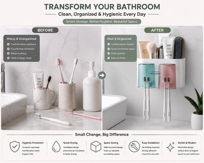 Wall Mounted Toothbrush Holder | Bathroom Toothbrush Organizer with Mouthwash Cups | Multi-Compartment, Dustproof & BPA-Free Brush Holder for Bathroom Storage -2 Cup