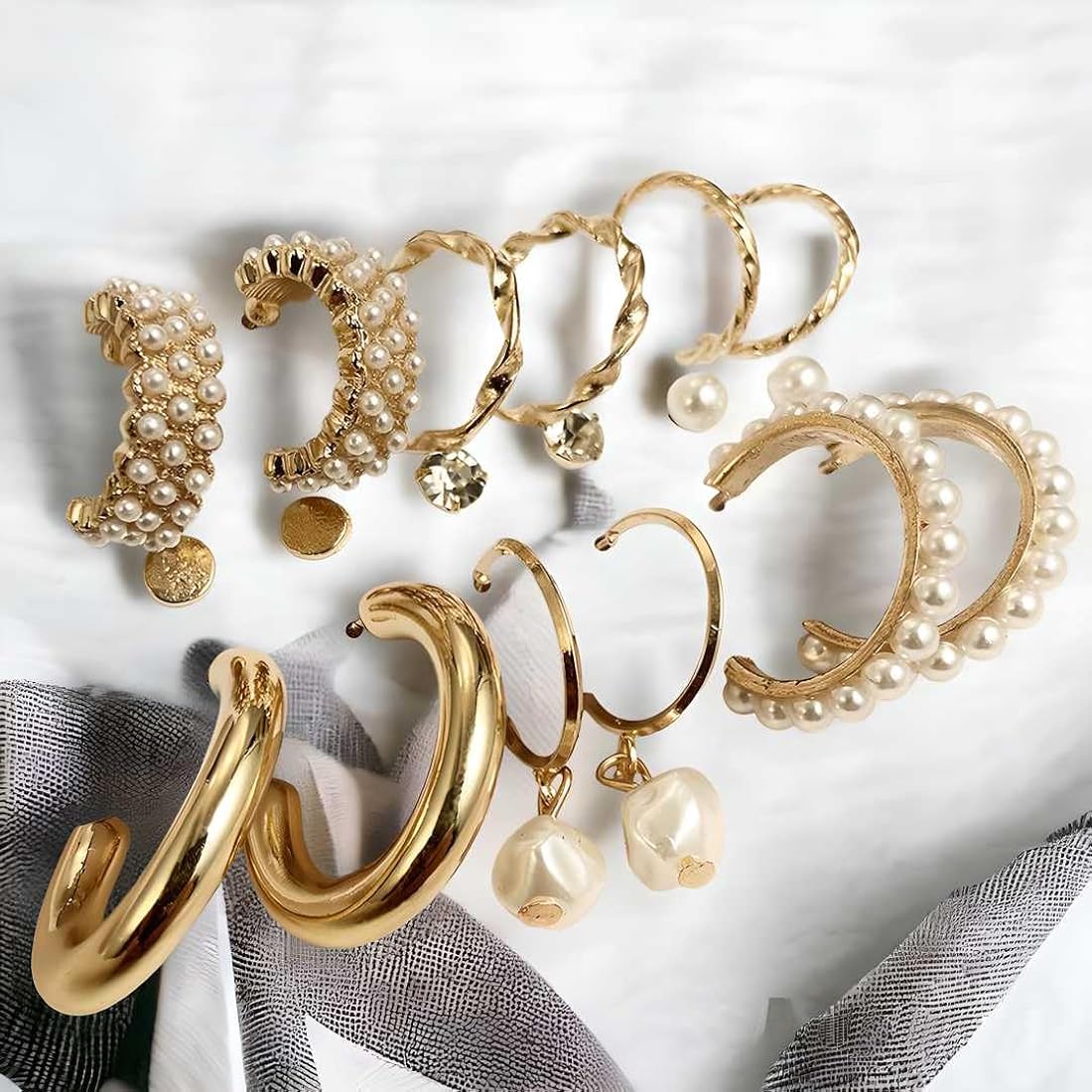Gold-Tone Pearl & Hoop Earrings Set – 9-Pair Elegant Jewelry Collection