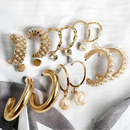 Gold-Tone Pearl & Hoop Earrings Set – 9-Pair Elegant Jewelry Collection