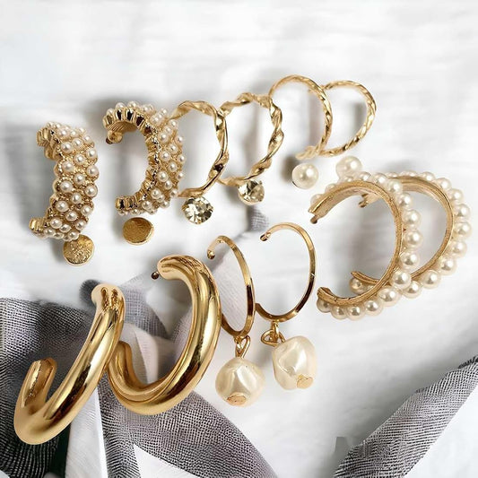 Gold-Tone Pearl & Hoop Earrings Set – 9-Pair Elegant Jewelry Collection
